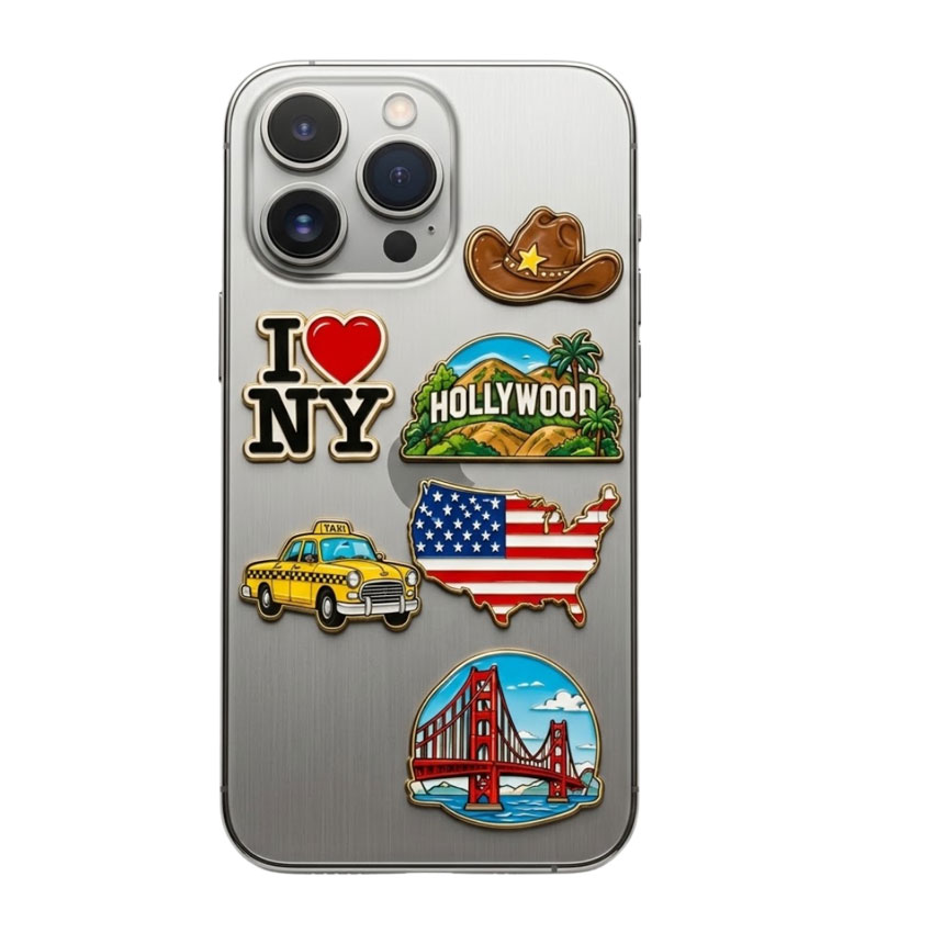 Custom Travel Souvenir Metal Phone Stickers Travel themed metal phone stickers with New York and souvenir style designs