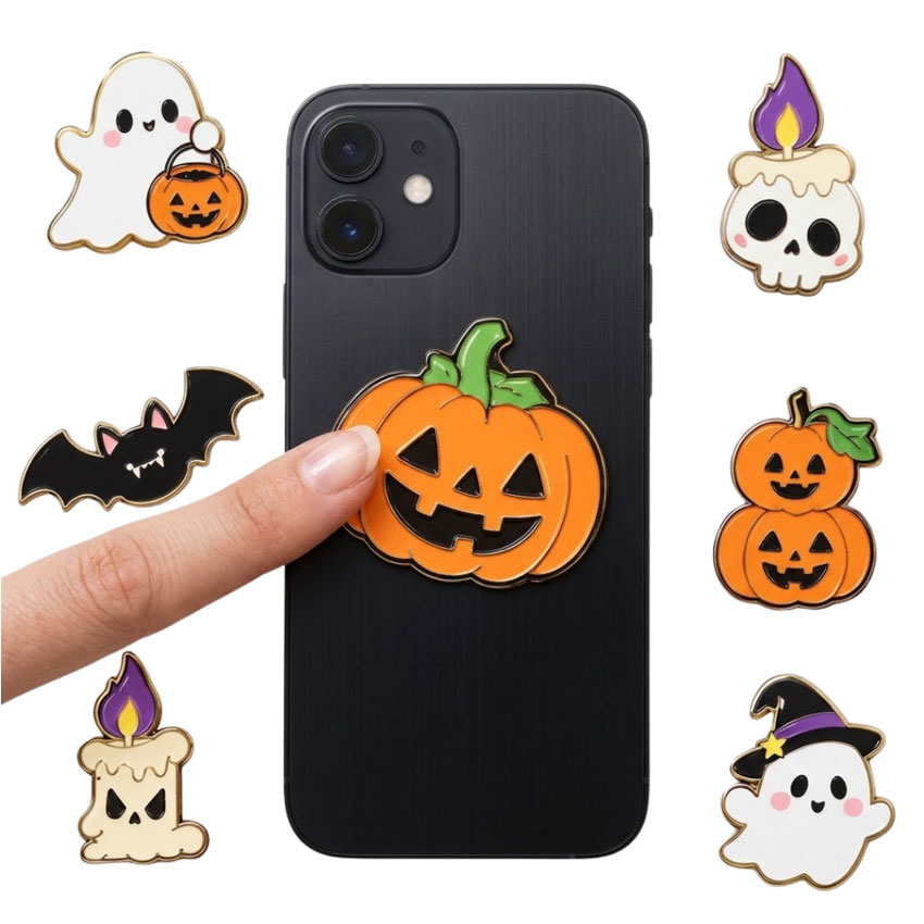 Custom Halloween Enamel Metal Phone Stickers Wholesale Halloween metal phone stickers with pumpkin, ghost, bat and candle enamel designs