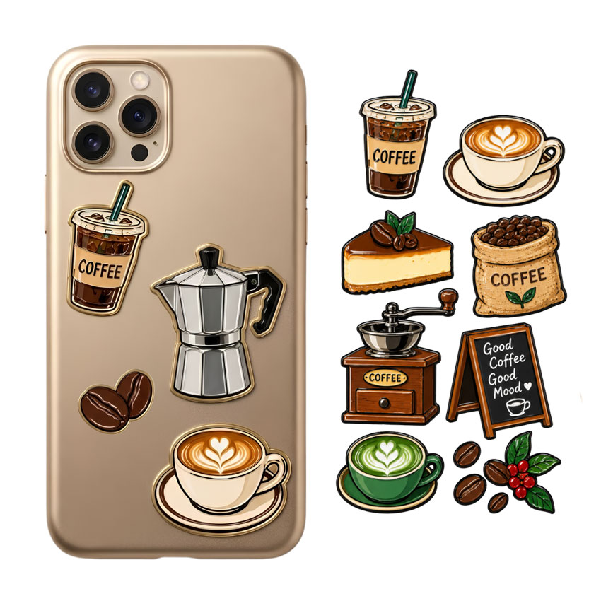 Custom Coffee Enamel Phone Stickers for Merchandise Coffee themed custom metal phone stickers with cups, coffee maker and café designs