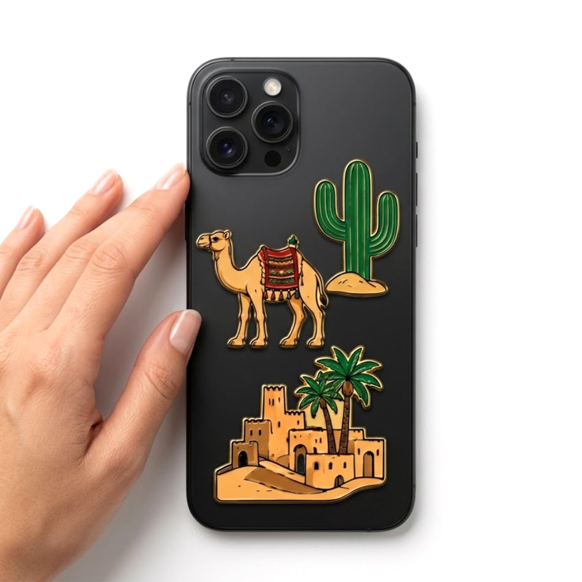 camel, cactus and desert designs on black phone case Custom Enamel Metal Phone Stickers for Phone Cases Custom metal phone stickers with camel, cactus and desert designs on black phone case