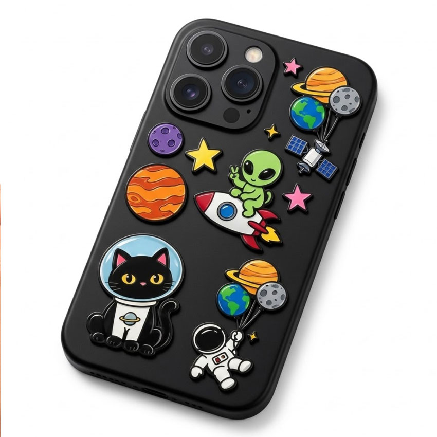 Custom Adhesive UFO Enamel Metal Stickers for Phone Cases Assorted colorful metal phone stickers applied to a black smartphone case