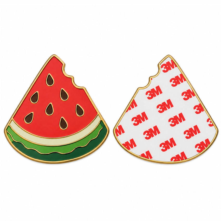 Custom Watermelon Metal Phone Sticker with 3M Adhesive Watermelon shaped metal phone sticker shown with red 3M adhesive backing