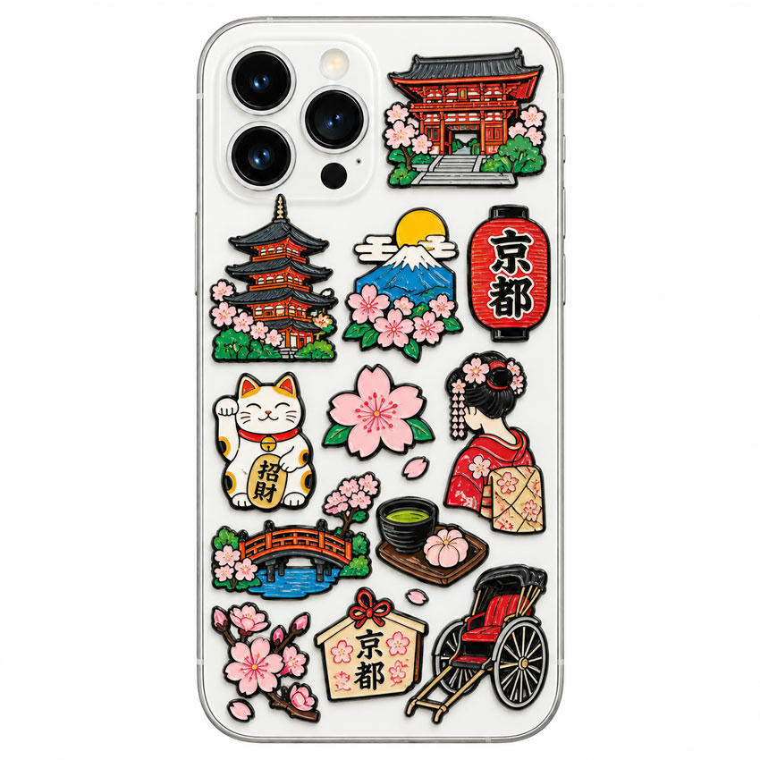 Custom Japan Souvenir Metal Phone Stickers Wholesale Japan themed custom metal phone stickers with food, lantern and travel designs