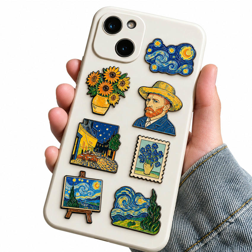 Manufacturer Custom UV Printed Art Metal Phone Stickers for Retail Merchandise Art themed custom metal phone stickers with colorful painting inspired designs on phone case