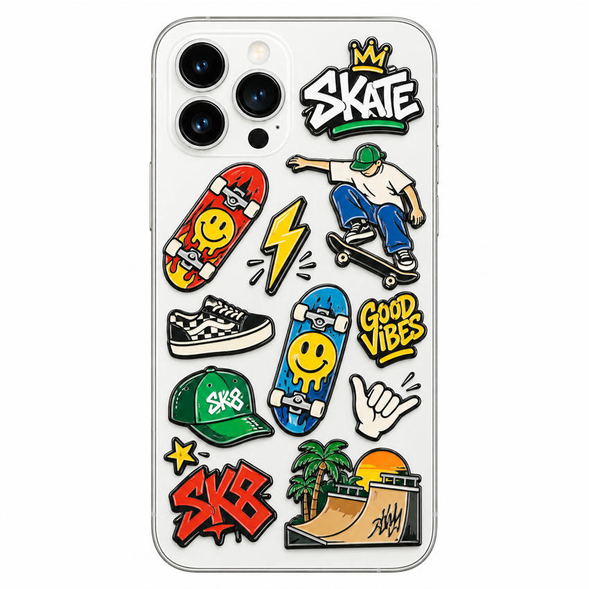Custom UV Printed Skate Metal Phone Stickers for Phone Cases Skate themed custom metal phone stickers displayed on a smartphone case