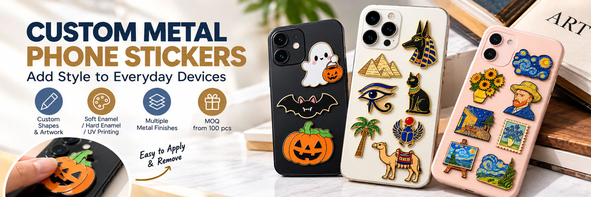 Custom Metal Phone Stickers for Brands & Retail Custom metal phone stickers with enamel and UV printed designs applied to smartphone cases