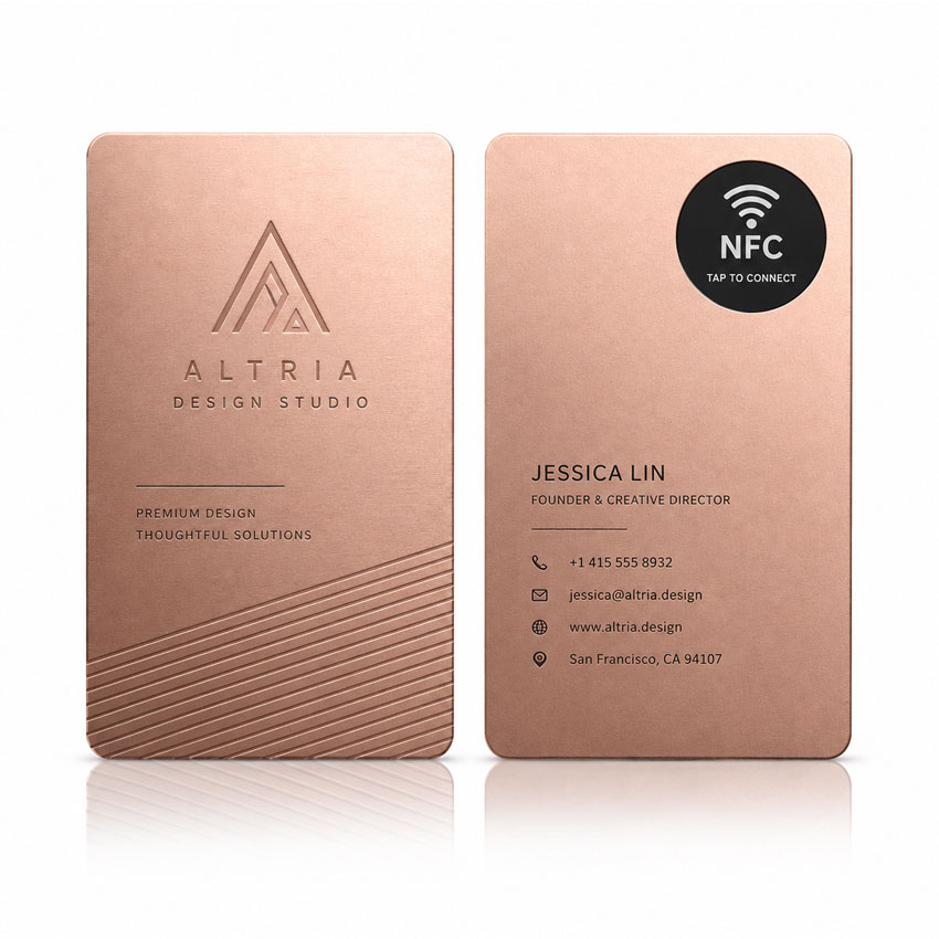 Bespoke Rose Gold NFC Metal Business Card Rose gold NFC metal business card shown front and back with branded contact information