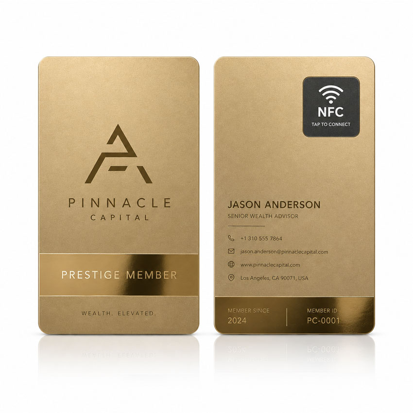 Custom Gold NFC Business Card Gold NFC business card with custom logo, personal details and recessed NFC area
