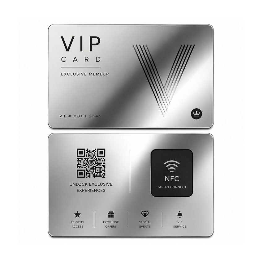 Manufacturer Silver VIP NFC Membership Card Silver VIP NFC membership card with QR code and decorative etched-through pattern