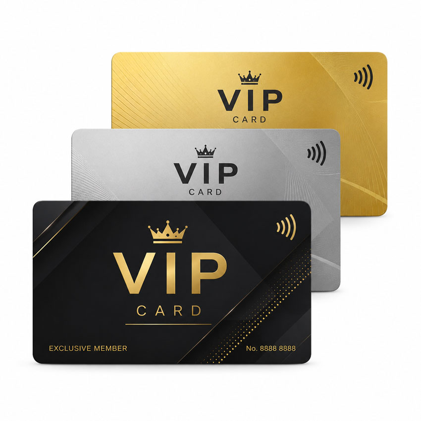 NFC Metal Membership Cards for VIP Gold silver and black NFC metal membership cards designed for VIP member