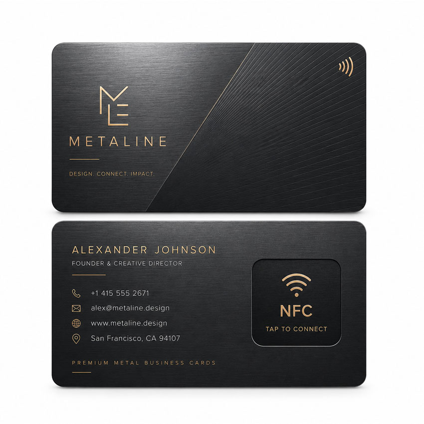 Personalized Black NFC Metal Business Cards Black personalized NFC metal business cards with name, logo and contact details