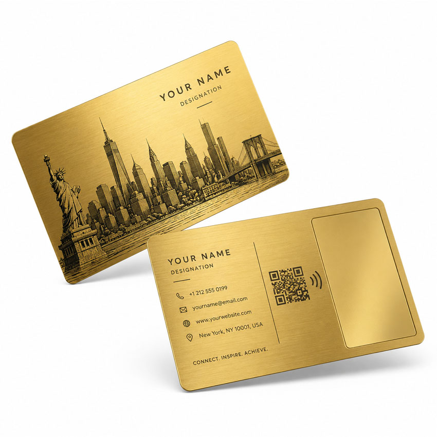 Gold NFC Metal Cards with Custom Printing Gold custom NFC metal cards with printed skyline artwork for branded membership or business use