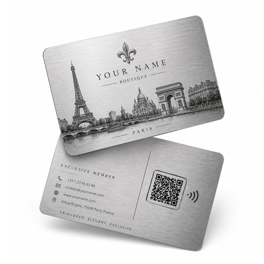 Full-Color Printed NFC Metal Card Silver NFC metal card with full-color printed city artwork for custom business branding