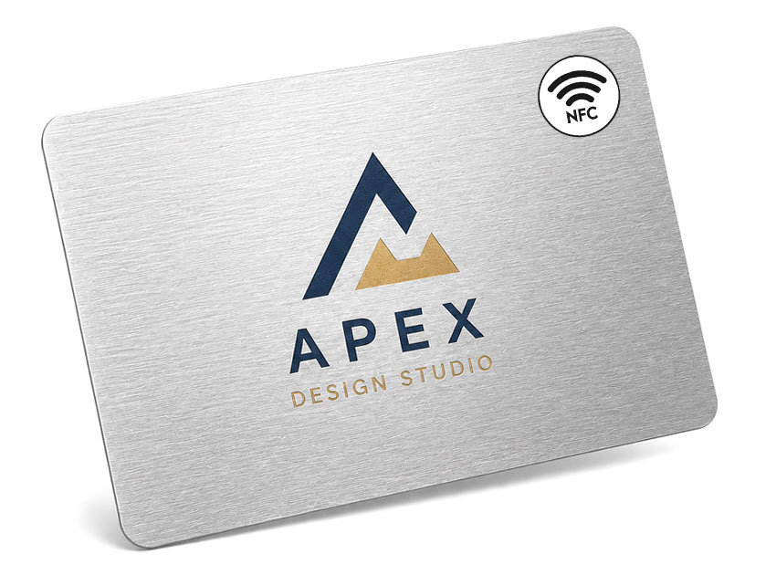 Custom Logo Silkscreen Printed NFC Metal Card Supplier Silver NFC metal card with silkscreen printed logo on a brushed metal surface