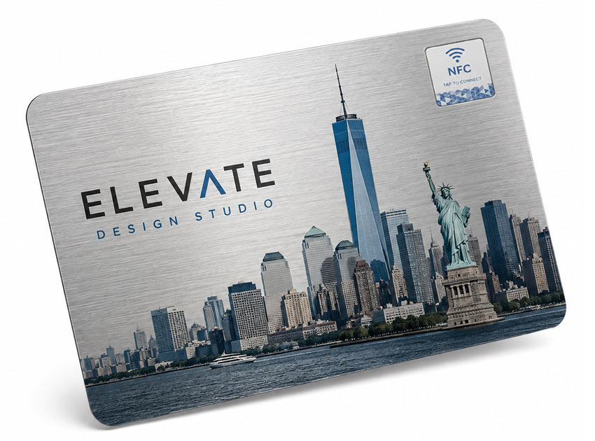 Promotional Full-Color UV Printed NFC Metal Card Brushed metal NFC card with full-color UV printed skyline artwork