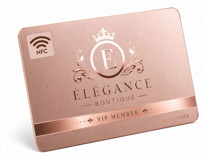 Custom Mirror Effect Sandblasted NFC Metal Membership Card Rose gold NFC metal membership card with fine sandblasted finish and engraved branding