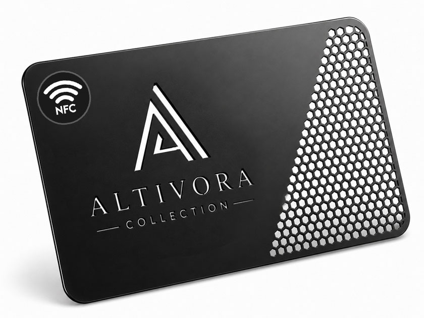 Personalized Etched-Through NFC Metal Card Black NFC metal card with etched-through openwork pattern and custom branding