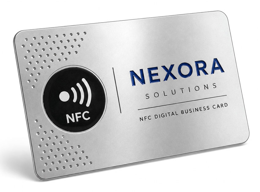 Custom Soft Enamel NFC Metal Business Card Silver NFC metal business card with soft enamel logo details and integrated NFC area