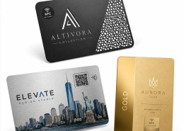 Black gold and silver custom NFC metal cards showing different finishes and NFC designs