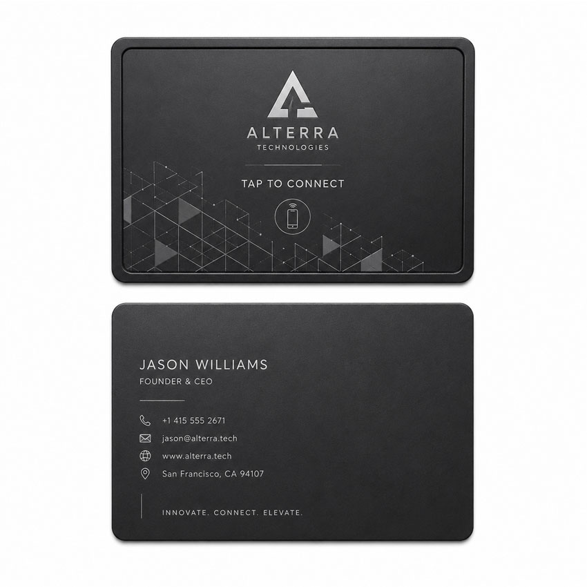 Black Tap-to-Connect NFC Digital Business Card Customization Black custom NFC business card shown front and back with tap-to-connect NFC marking