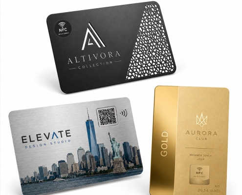Black gold and silver custom NFC metal cards showing different finishes and NFC designs