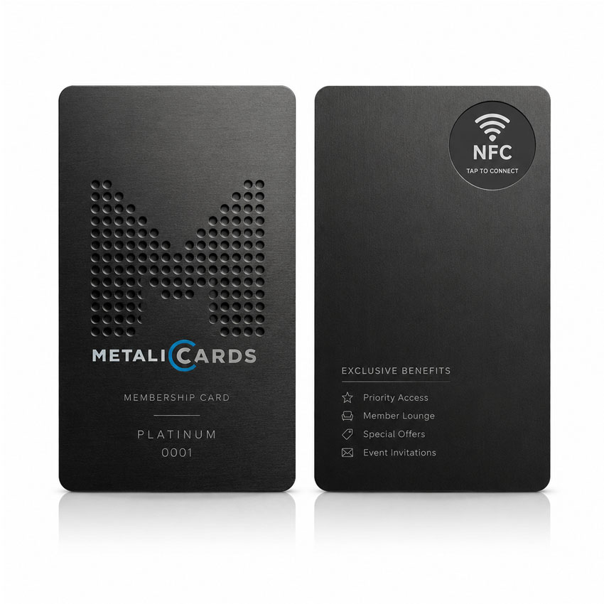 Black NFC Metal Cards with Custom Design Black NFC metal cards with custom branding, contact details and etched-through design