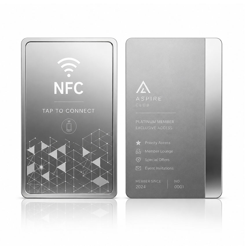Custom Silver NFC Metal Cards Silver NFC metal cards with minimalist branding and recessed NFC component on the back