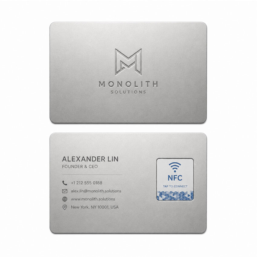 Personalized Silver Metal NFC Card Minimal silver personalized metal NFC card with name and NFC component on the reverse