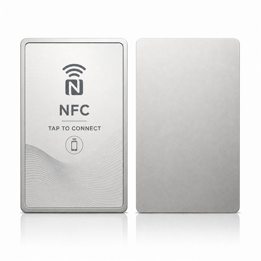 Silver NFC Metal Card with Large Recess Silver NFC metal card shown from front and back with a large recessed NFC backing area