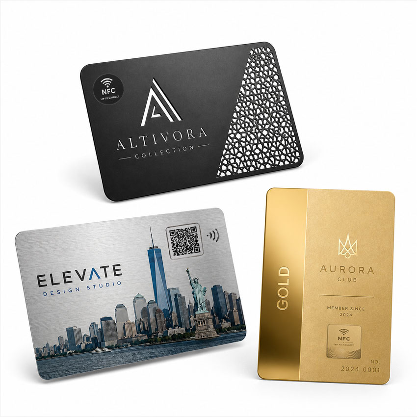 Custom NFC Metal Cards Manufacturer Black gold and silver custom NFC metal cards showing different finishes and NFC designs