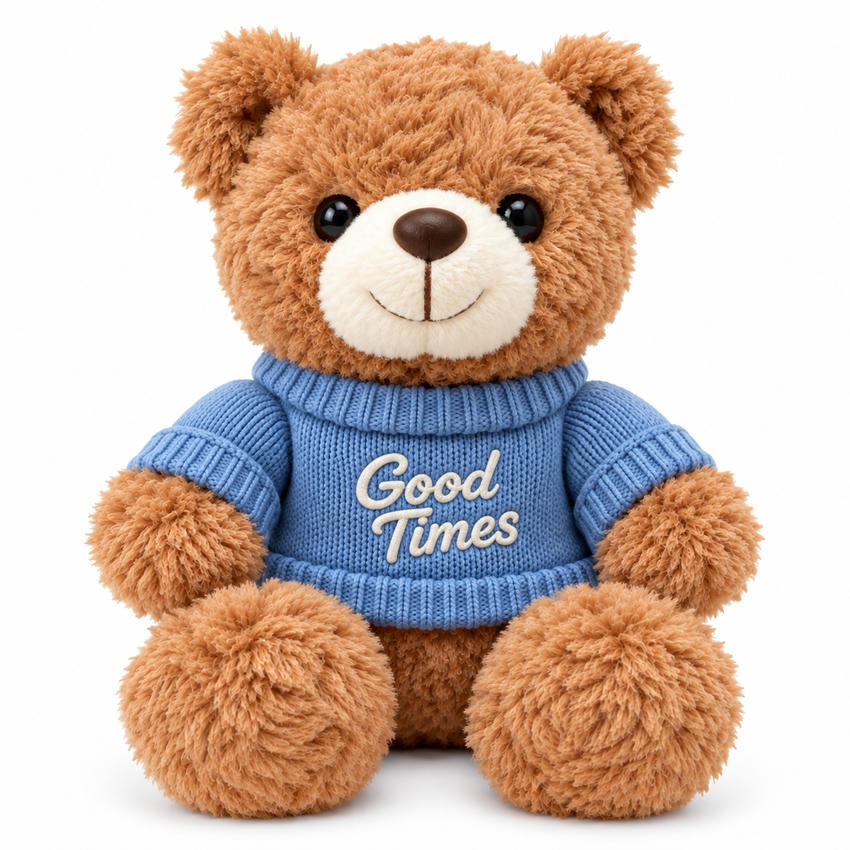 Custom teddy bear wearing a blue printed knitted sweater for branded promotional gifts