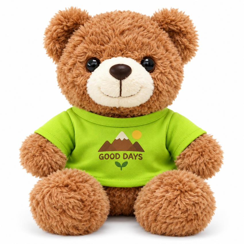 Promotional teddy bear wearing a green custom T-shirt with branded logo