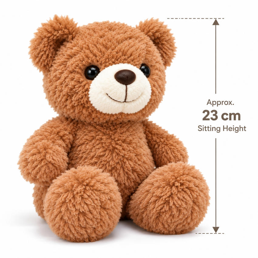 Standard 23 cm brown plush teddy bear shown with sitting height measurement