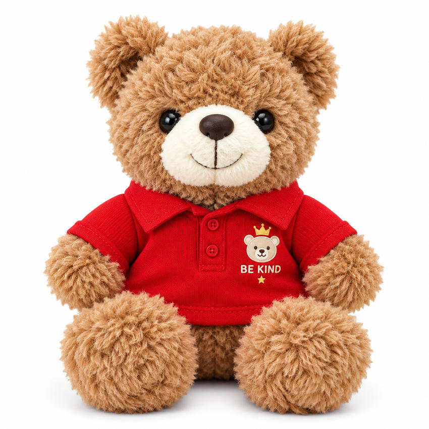 Custom teddy bear wearing a red polo shirt with logo for corporate promotions