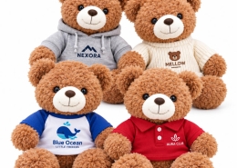 Custom logo teddy bears in different branded clothing styles for wholesale promotional gifts