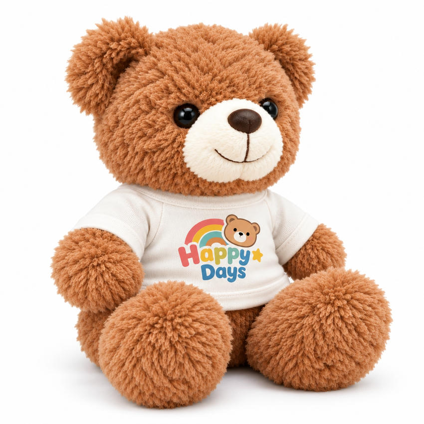 Custom plush teddy bear wearing a white logo T-shirt for promotional merchandise