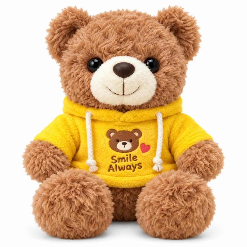 Custom teddy bear wearing a yellow hoodie with branded logo decoration