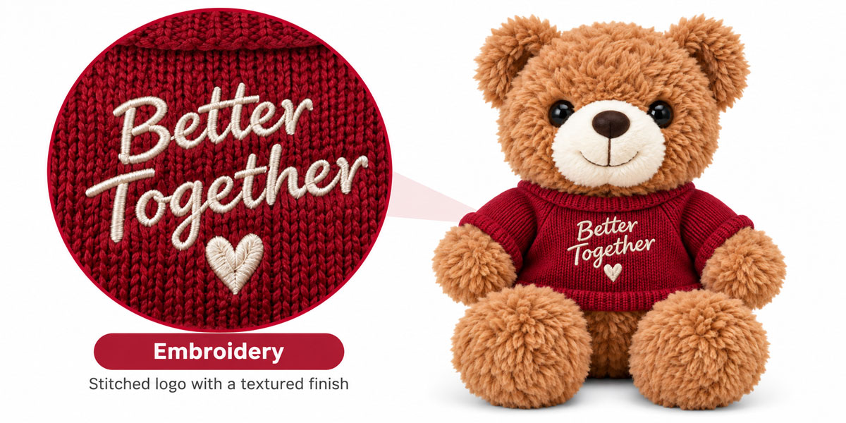 Custom teddy bear with embroidered logo sweater showing detailed stitched decoration