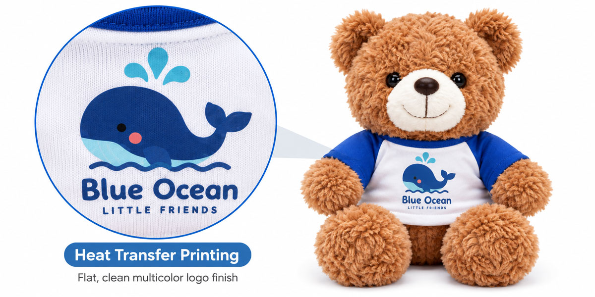 Custom teddy bear with heat transfer printed multicolor logo on T-shirt