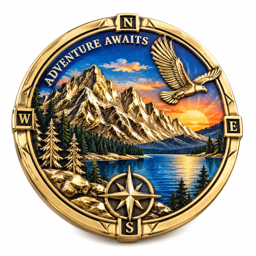 coins-10 UV Printed 3D Mountain Souvenir Challenge Coin Custom UV printed 3D souvenir challenge coin with mountain scenery exposed gold metal and compass design