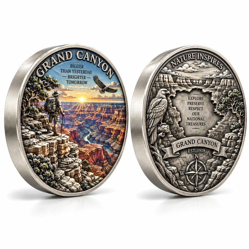 Double-Sided 3D Travel Souvenir Challenge Coin Custom double-sided 3D souvenir challenge coin with UV printed landscape and sculpted metal reverse