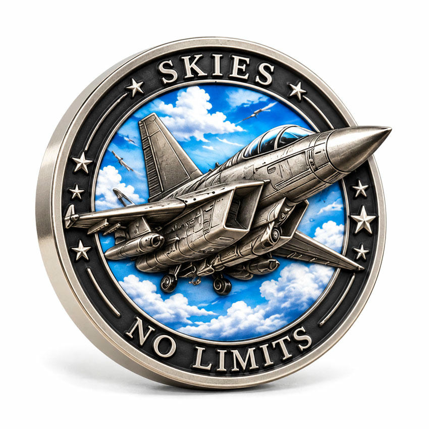Custom 3D Aviation Challenge Coin with UV Printing Custom 3D challenge coin with raised fighter jet relief blue sky UV printing and metal finish