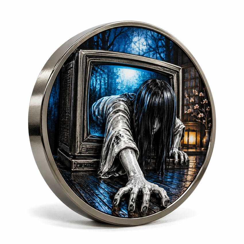 Custom 3D Ghost Sadako Challenge Coin with UV Printing Custom round 3D challenge coin with sculpted Sadako figure blue UV printed background and metal relief