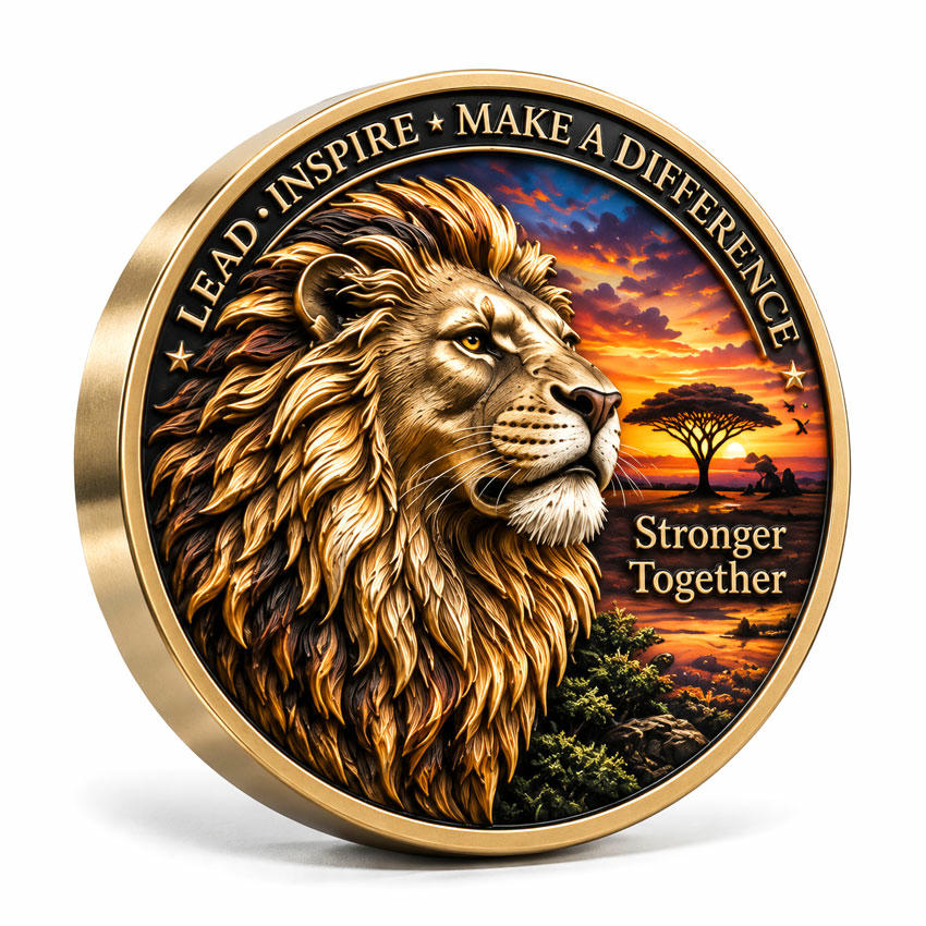 Deep Relief 3D Lion Challenge Coin with UV Printing Custom 3D lion challenge coin with deep sculpted relief selective UV printing and exposed gold metal