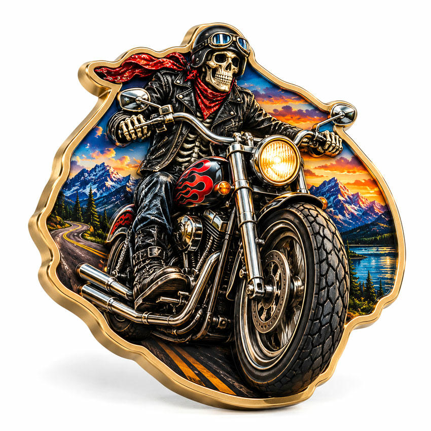 Custom 3D Motorcycle Rider Biker Challenge Coin Custom shaped UV printed 3D challenge coin with motorcycle rider relief and colorful scenic background