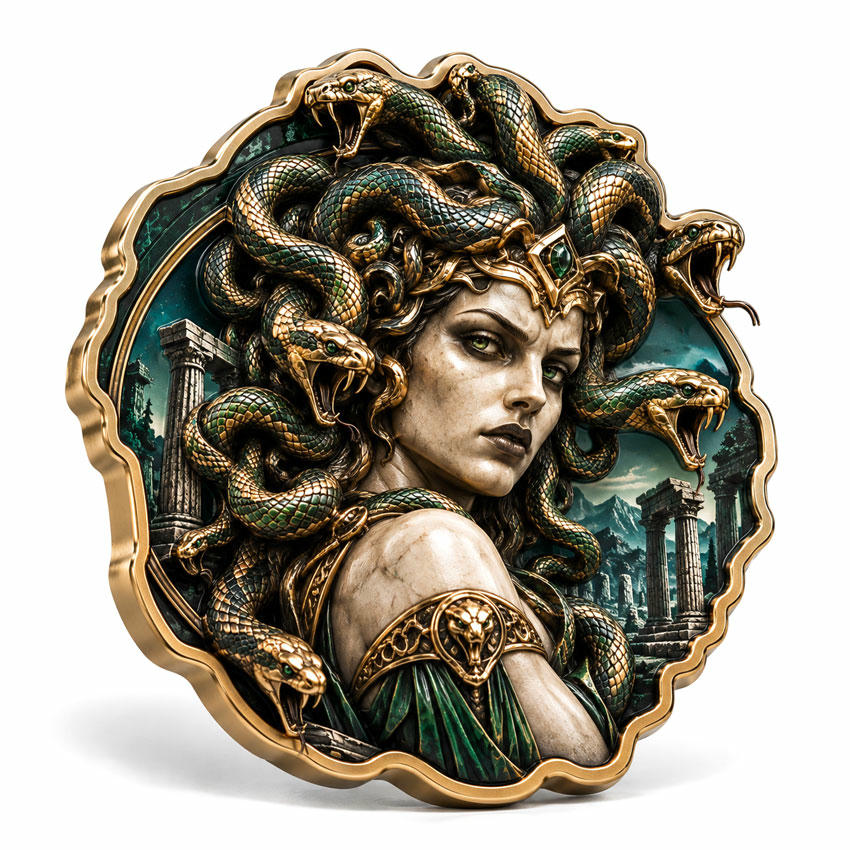 Sculpted Medusa 3D Zinc Alloy Challenge Coin Custom shaped 3D zinc alloy challenge coin with sculpted Medusa relief and antique gold metal finish