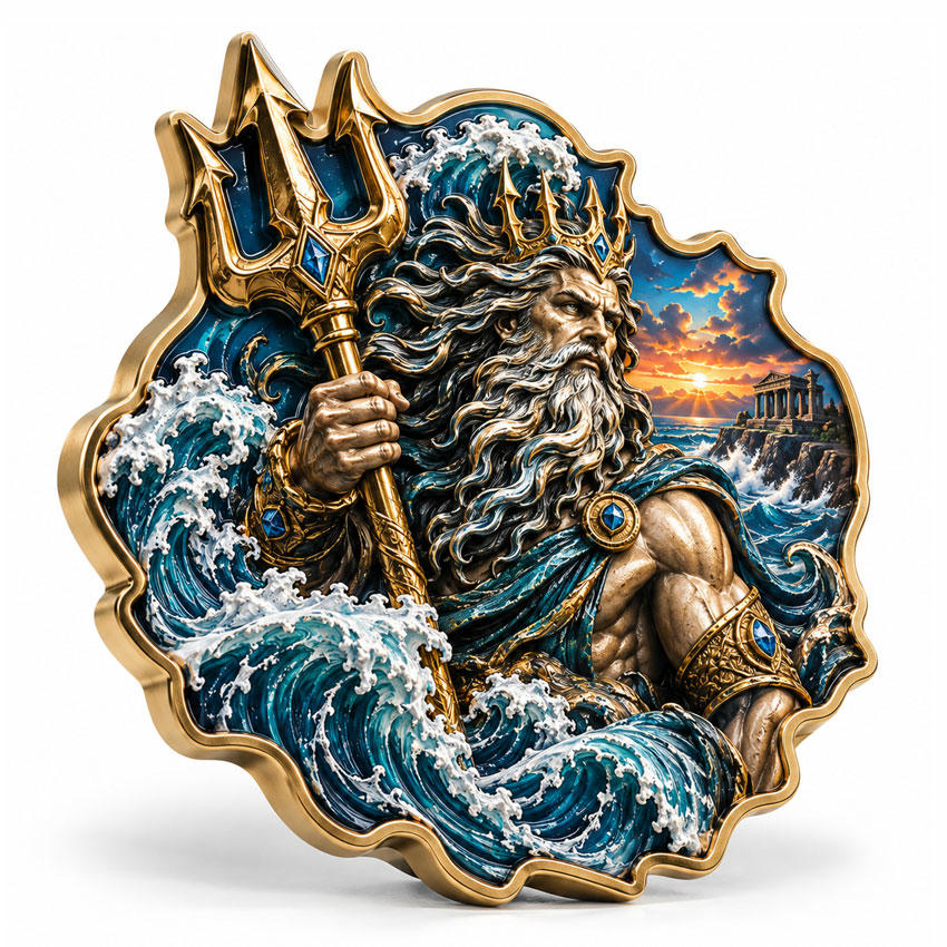 Custom 3D Sea God Challenge Coin with UV Printing Custom shaped 3D zinc alloy challenge coin with sculpted sea god relief waves and UV printed details