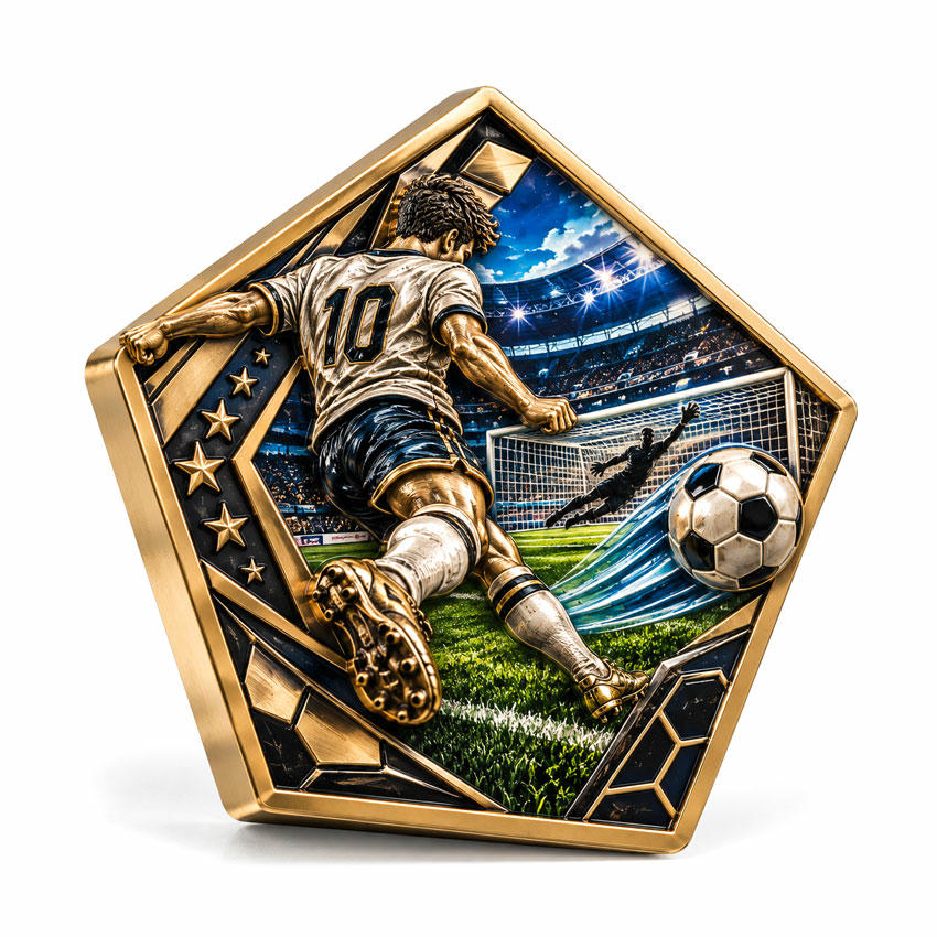 Custom 3D Soccer Sports Challenge Coin Custom pentagon 3D sports challenge coin with soccer player relief and full color UV printed background