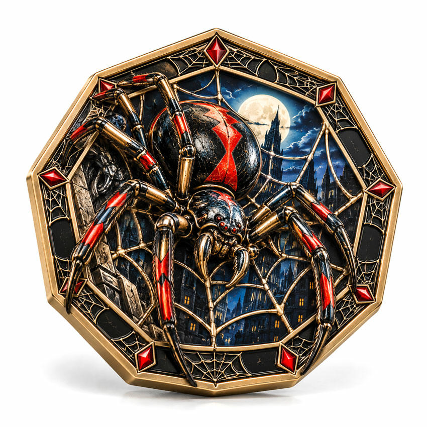 Custom Spider 3D Zinc Alloy Challenge Coin Custom octagon 3D zinc alloy challenge coin with sculpted spider relief and selective red UV printing