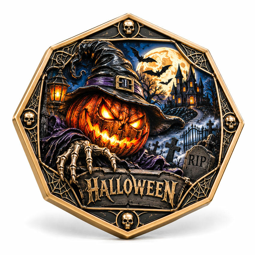 Custom UV Printed 3D Halloween Challenge Coin Custom UV printed Halloween challenge coin with 3D pumpkin relief octagon shape and full color artwork